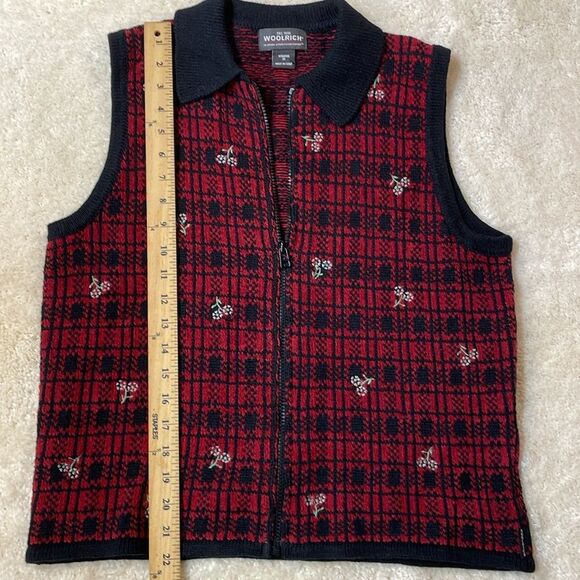 Woolrich Womens Red Black Plaid Floral Knit Zip Front Sweater Vest Sz M - Picture 4 of 8